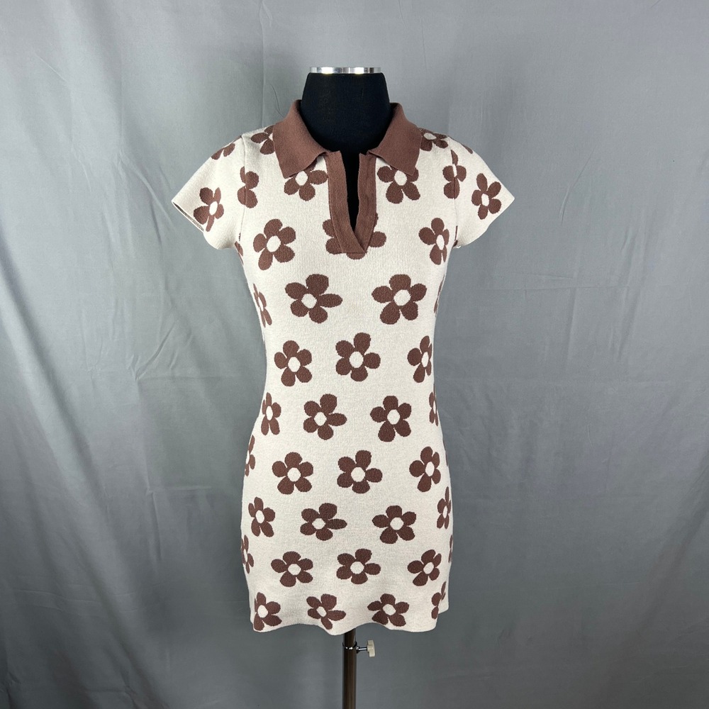 RSQ Sweater Dress womens Medium Beige Brown Floral Knit Split Neck Festival